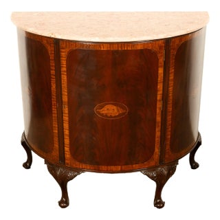 1900s Antique Mahogany Marble Top Demi-Lune Marquetry Inlaid Drinks Cabinet or Server For Sale