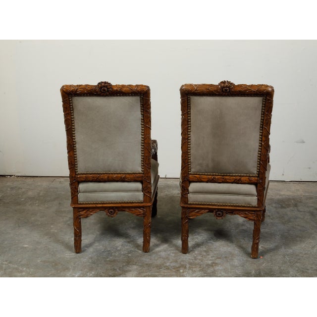 Rustic Set of Eight 1920s Black Forest Dining Room Chairs with Hand-Carved Floral Décor For Sale - Image 3 of 12