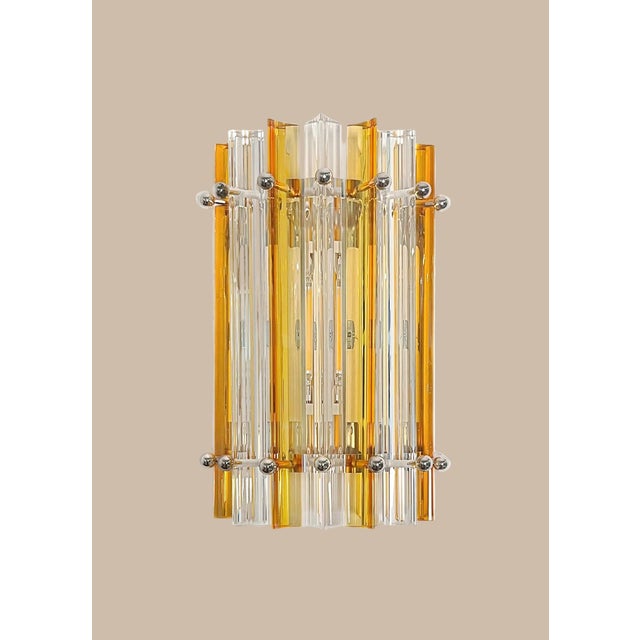 2020s Murano Glass Column Wall Sconces | Clear & Amber Triedri Prisms, Chrome Frame - a Pair For Sale - Image 5 of 6
