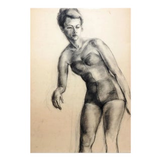 Vintage 1950s Charcoal Female Figure Drawing For Sale