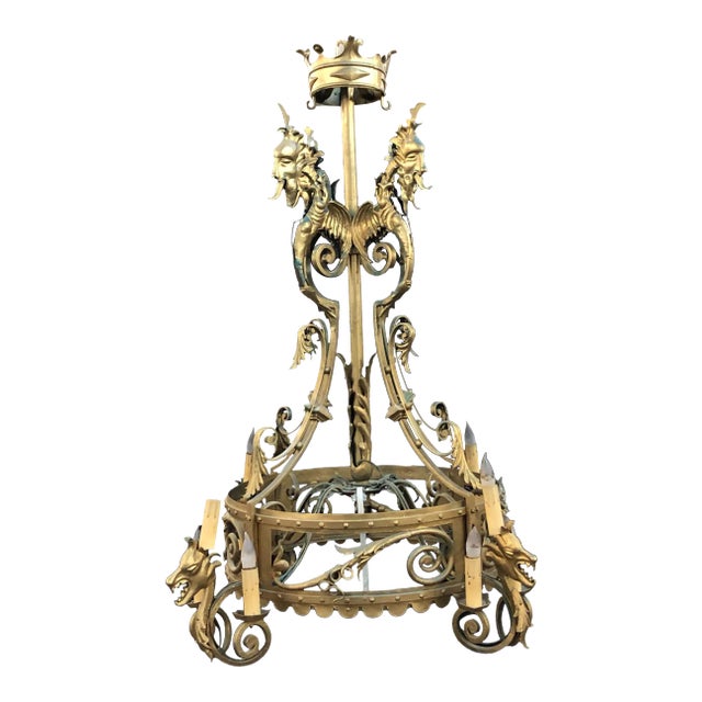 1920s Spanish Revival Gothic Mediterranean Iron Oversized Chandelier For Sale