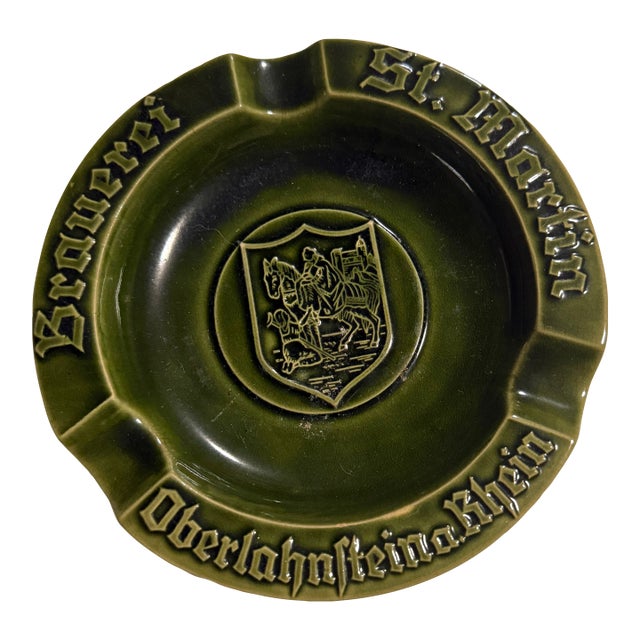 Vintage Brauerei St Martin Oberlahnstein German Beer Ceramic Ashtray Green MCM For Sale