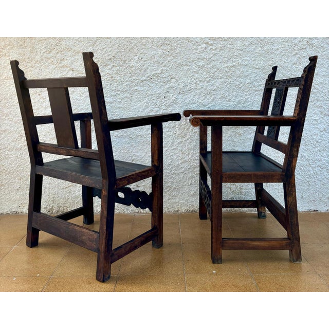 Set of 19th Century Spanish Colonial Carved Altar Armchairs with Wooden Seats For Sale - Image 4 of 18