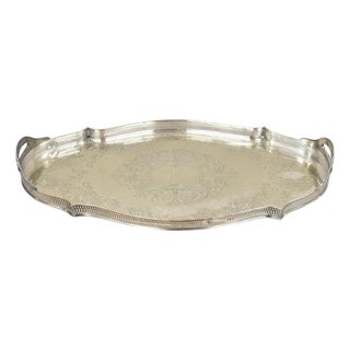 Vintage English LBS Co 982 Silver Plated Scalloped Oval Pierced Gallery Tray For Sale