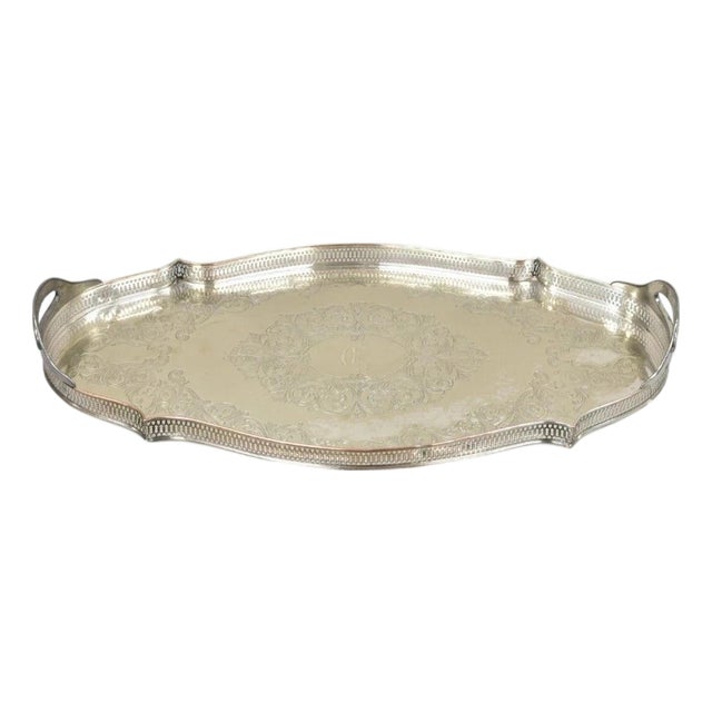 Vintage English LBS Co 982 Silver Plated Scalloped Oval Pierced Gallery Tray For Sale