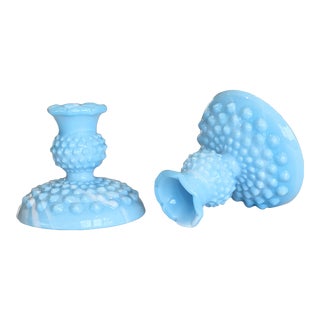 Late 20th Century Hobnail Milk Glass Sky Blue Candlestick Holders - a Pair For Sale