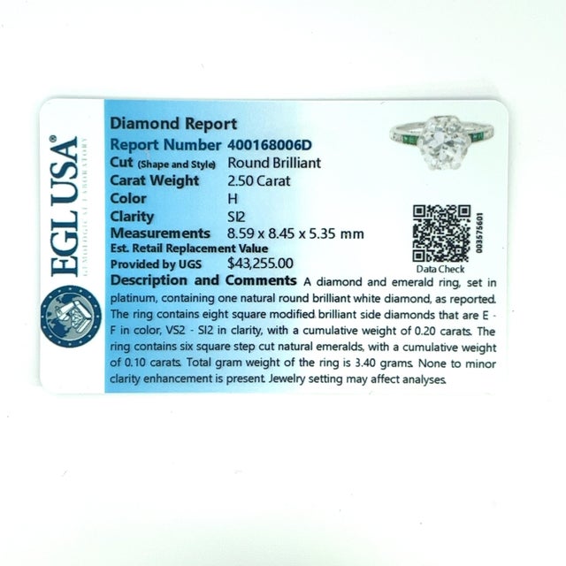 Art Deco 2.5 Carat Old Euro Cut Diamond & Emerald Engagement Ring in Platinum, Size 5.75 For Sale - Image 9 of 9