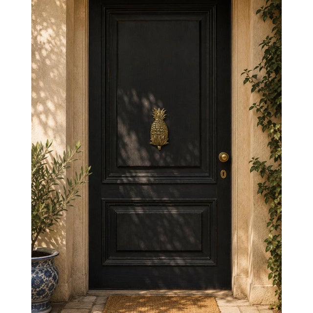 A handsome vintage cast brass door knocker modeled as a pineapple, long associated with hospitality and welcome in...