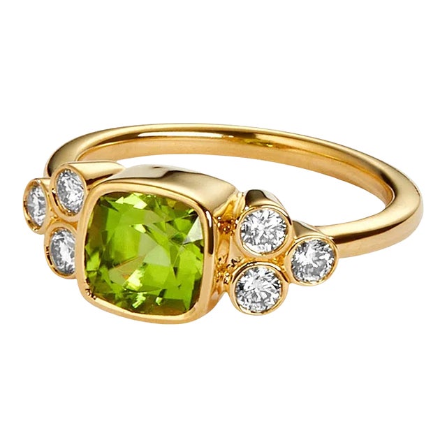 Syna Yellow Gold Peridot Cushion Ring with Diamonds For Sale