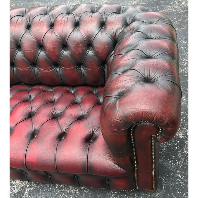 Pair of English Chesterfield Sofas in Burnished Burgundy Leather, Circa 1950s For Sale - Image 13 of 13