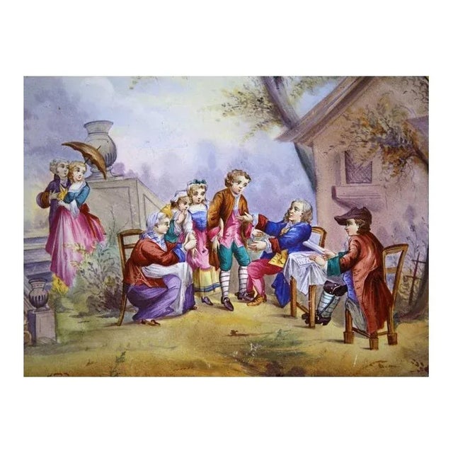 This colorful antique majolica charger was crafted in France circa 1860 and features a finely hand-painted pastoral scene...
