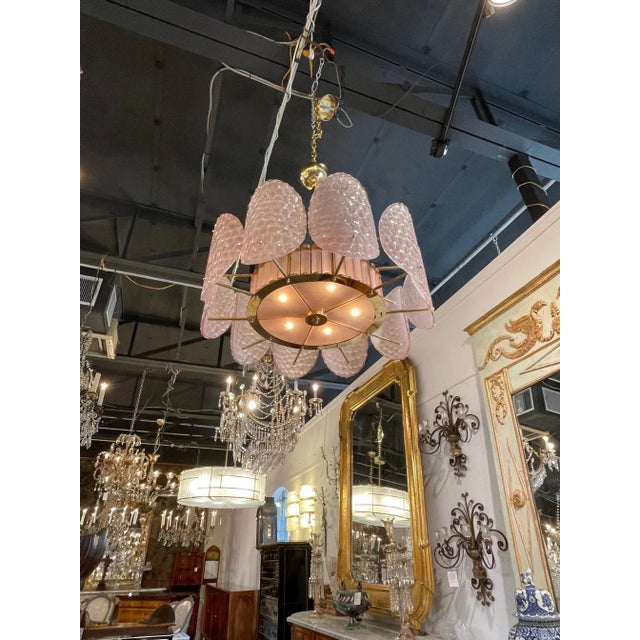 Metal Italian Pink Murano Glass and Brass Chandelier For Sale - Image 7 of 8