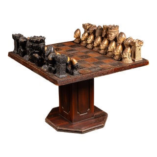 Mid 20th Century Wooden Chess Table With Wooden Chess Pieces For Sale