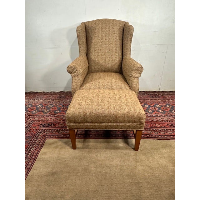 Vintage Transitional Wing Chair With Ottoman Upholstered in an Attractive Woven Fabric For Sale In New York - Image 6 of 9