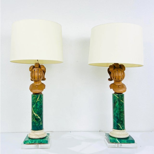 Pair of Faux Marble Wood Lamps on Lucite Bases For Sale - Image 4 of 12