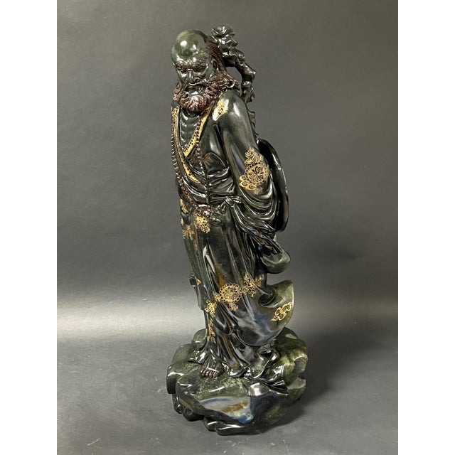 Chinese Art Large Carved Dark Green Soapstone Bodhidharma Statue For Sale - Image 10 of 13