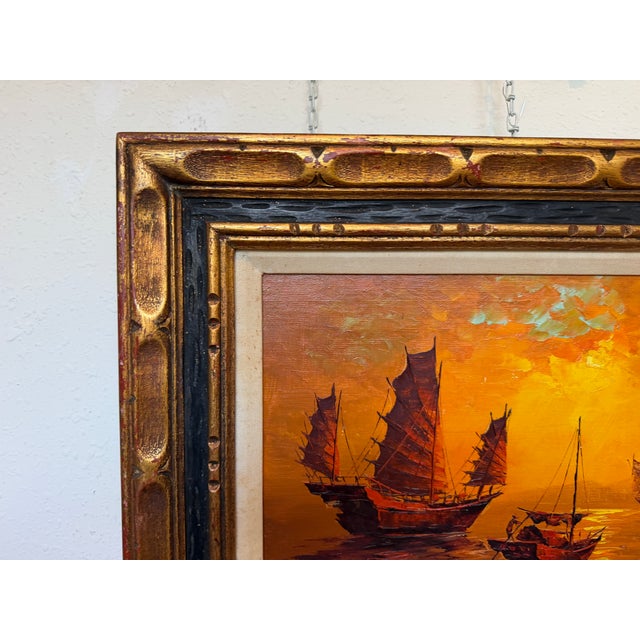 Vintage Chinese Junk Boats Sunset Oil Painting Signed Young Asian Seascape Frame For Sale - Image 11 of 11