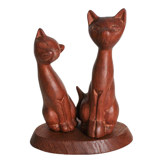 Vintage Hand-Carved Wooden Siamese Cat Figurine on Wood Base For Sale