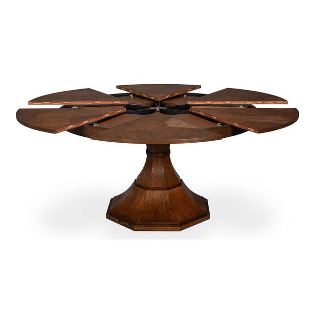 Transitional Round Dining Table, Medium - Warm Brown Oak With Faceted Pedestal Base For Sale - Image 4 of 11
