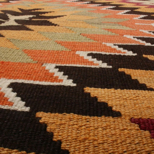 Vintage Mid-Century Mut Geometric Green Orange Wool Kilim Rug- 5′9″ × 10′ For Sale - Image 4 of 6