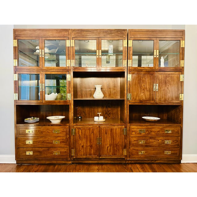 Vintage Henredon Campaign 3-Piece Wall Unit, Lighted Display Cabinet With Pull-Out Bar For Sale - Image 9 of 9