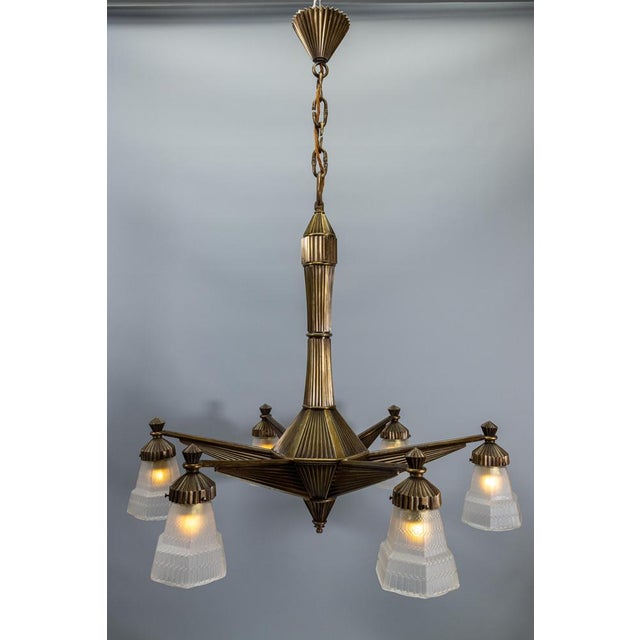 Art Deco French Bronze and Frosted White Glass Six-Light Chandelier, 1920 For Sale - Image 14 of 18