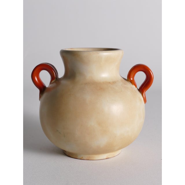Ceramic Art Deco Beige Ceramic Vase with Red Handles by Anna-Lisa Thomson for Upsala Ekeby, 1930s For Sale - Image 7 of 16