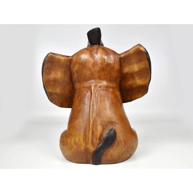 Vintage Carved Solid Wood Sitting Happy Trunk Up Elephant Model Figurine For Sale - Image 9 of 10