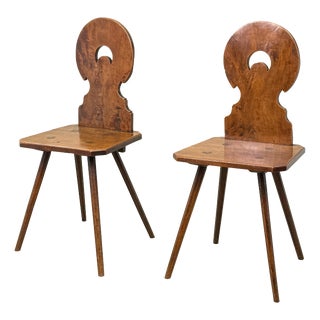 Swiss Folk Art Fruitwood Escabelle Hall Chairs, 1840, Set of 2 For Sale