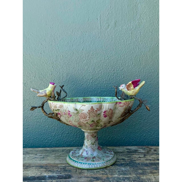Vintage Glazed Ceramic Floral Bird Urns - A Pair For Sale - Image 10 of 12