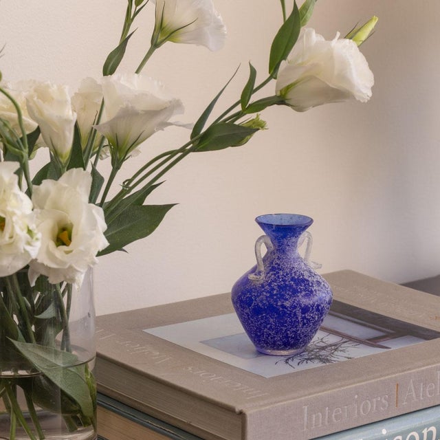 Lovely petite Scavo vase from Italy, 1960s. Beautiful form made of blown frosted blue glass with two handles. Perfect gift.