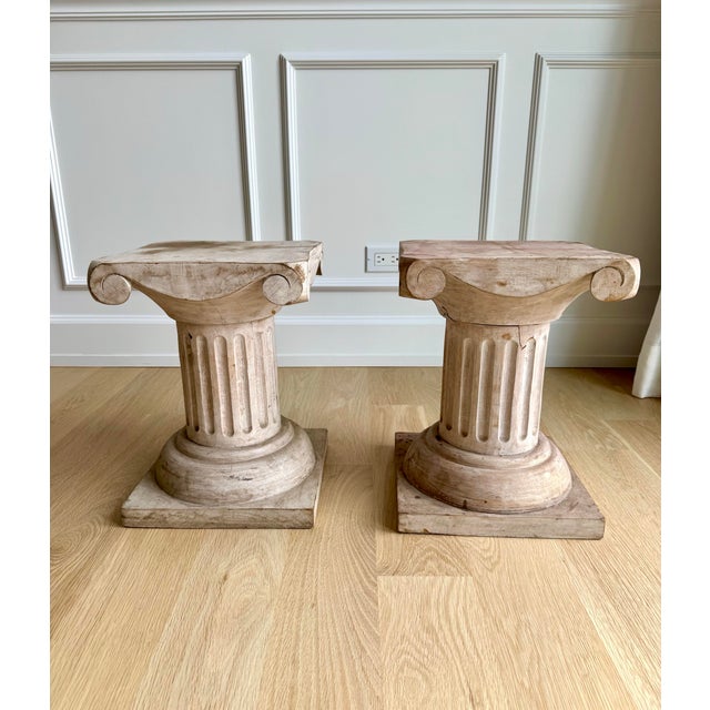 1980s Pair of Vintage Sculptural Carved Wood Ionic Column Side Tables / Architectural Pedestals For Sale - Image 5 of 12