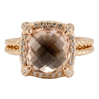 David Yurman Chatelaine 18k Rose Gold Morganite Pavé Diamond Cable Cocktail Ring, Size 5.5 For Sale