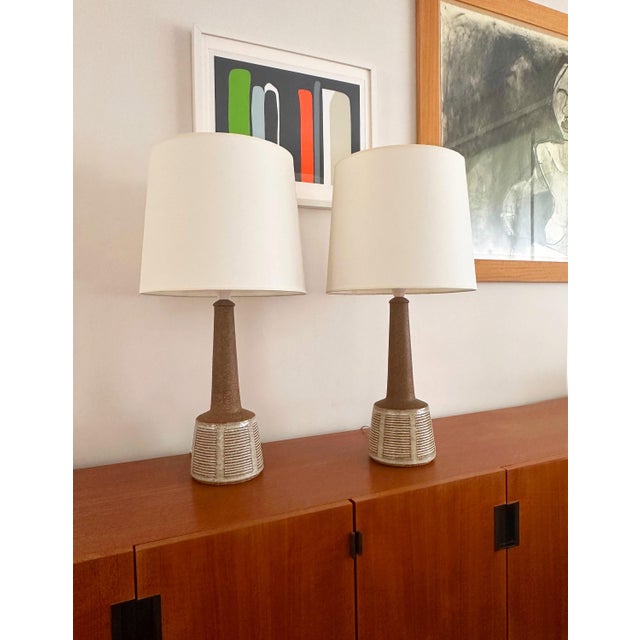 Pair of ceramic table lamps designed by esben klint and produced by palshus for le klint in denmark during the 1960s....