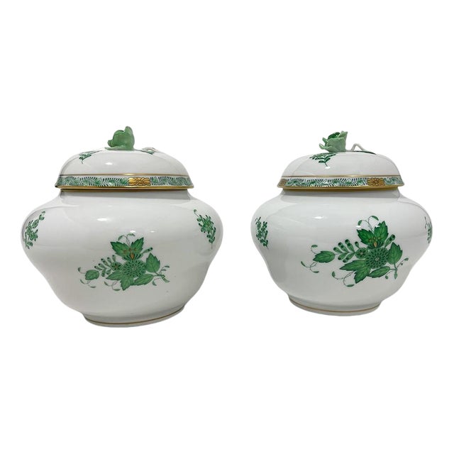 Apponyi Green Ginger Jars in Porcelain from Herend Hungary, 1930s-1960s, Set of 2 For Sale