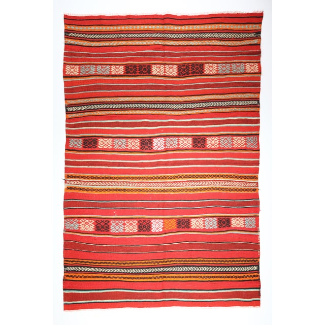 Color: Red, Orange, Brown,Light blue, This is a one of kind old Nomadic Handwoven village kilim, it is coming from sivas...