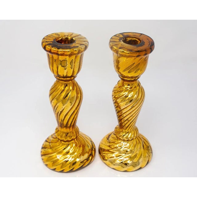 Late 19th Century 19th Century Gold Fluted Mercury Glass Candlesticks - Pair For Sale - Image 5 of 9