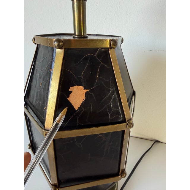 Vintage Hollywood Regency Brass & Black Leather Geometric Table Lamp For Sale - Image 12 of 13