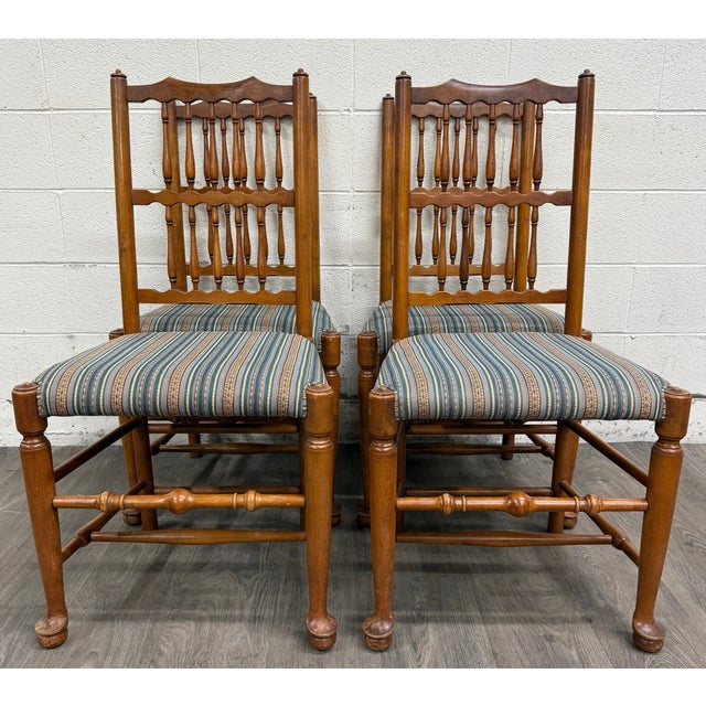 Vintage Colonial Style Spindle Back Upholstered Dining Chairs - Set of 4 For Sale In Kansas City - Image 6 of 13
