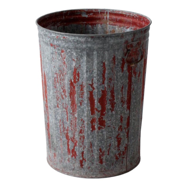 Antique Galvanized Utility Can With Red Paint For Sale
