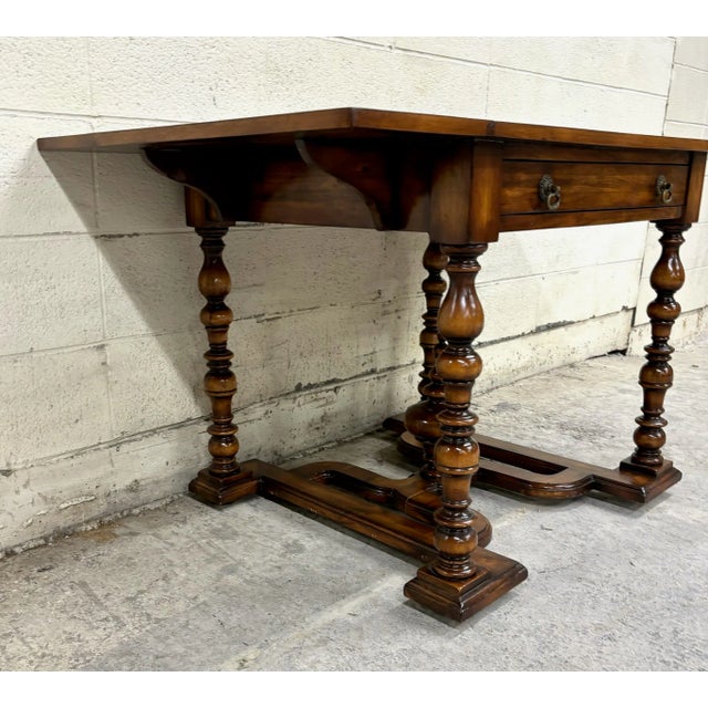 Brown Vintage French Louis XIII Style Drop Leaf Leather Top Table by John Richard For Sale - Image 8 of 12