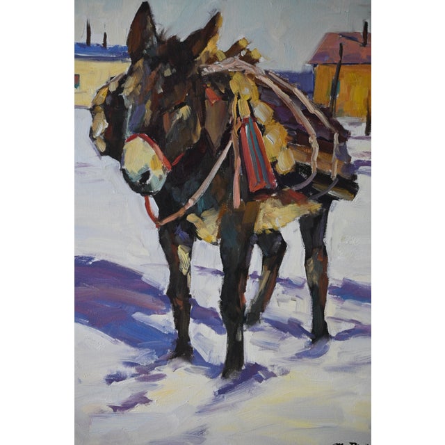 Original oil on canvas by Tucson painter Mark Daniels, signed M. Daniels lower right. A pack burro loaded with firewood...