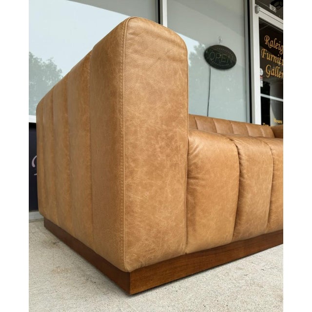 Cb2 Forte 81-Inch Channeled Saddle Leather Sofa With Walnut Base For Sale - Image 9 of 16