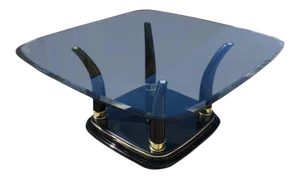 Postmodern Faux Elephant Tusk Glass Top Coffee Table in Black Lacquer Manner of Henredon