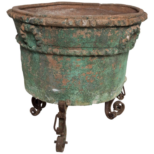 Large Painted Terra Cotta Planter With a Wrought Iron Stand Chairish