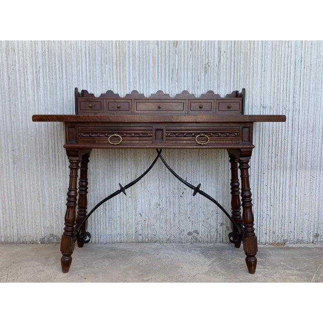 Baroque Catalan Spanish Lady Desk or Console Table in Carved Walnut and Iron Stretcher For Sale - Image 3 of 18