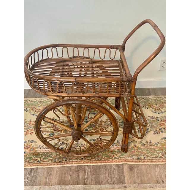 Wood French Riviera Rattan Bar Cart Audoux & Minet 1950s For Sale - Image 7 of 11
