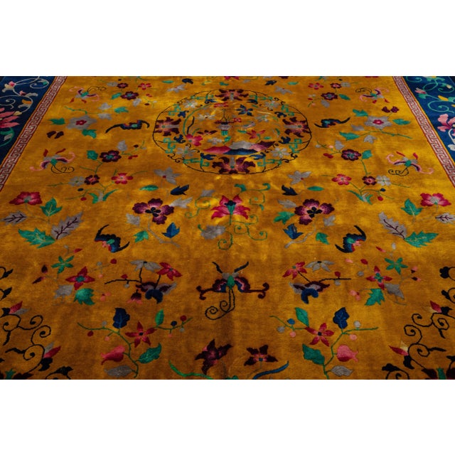 Chinese 1920s Antique Peking Chinese Wool Rug Handmade With Floral Design in Goldenrod For Sale - Image 3 of 9