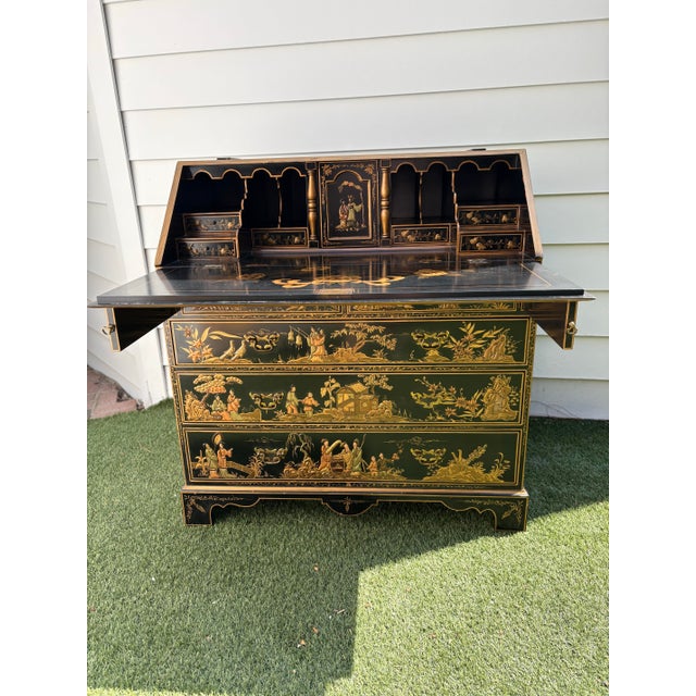 Chinoiserie Georgian Furnishing Co. Black & Gold Chinoiserie Secretary Desk For Sale - Image 3 of 10