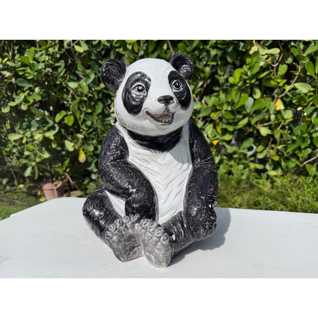 Mid 20th Century Vintage Large Crackle Glazed Seated Panda Ceramic Sculpture For Sale - Image 5 of 12